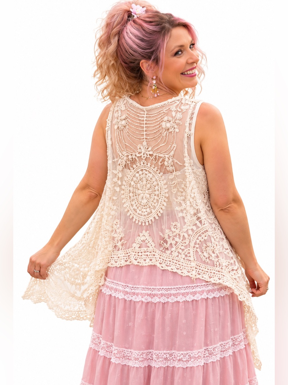 Boho Crochet Lace Mesh Vest Cream Festival Layering Piece S/M Cottagecore